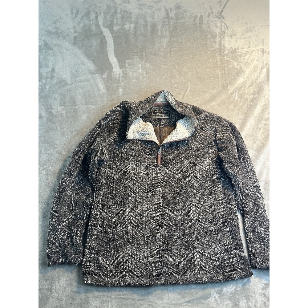 True Grit Mens Jacket Large Gray Sherpa Quarter Zip Soft Plush Sweater